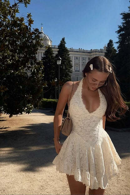 Sweety Ivory A Line Halter Lace Backless Short Homecoming Dress Mini Dress SH8045