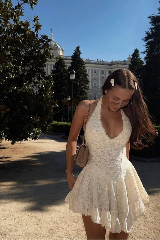 Sweety Ivory A Line Halter Lace Backless Short Homecoming Dress Mini Dress SH8045