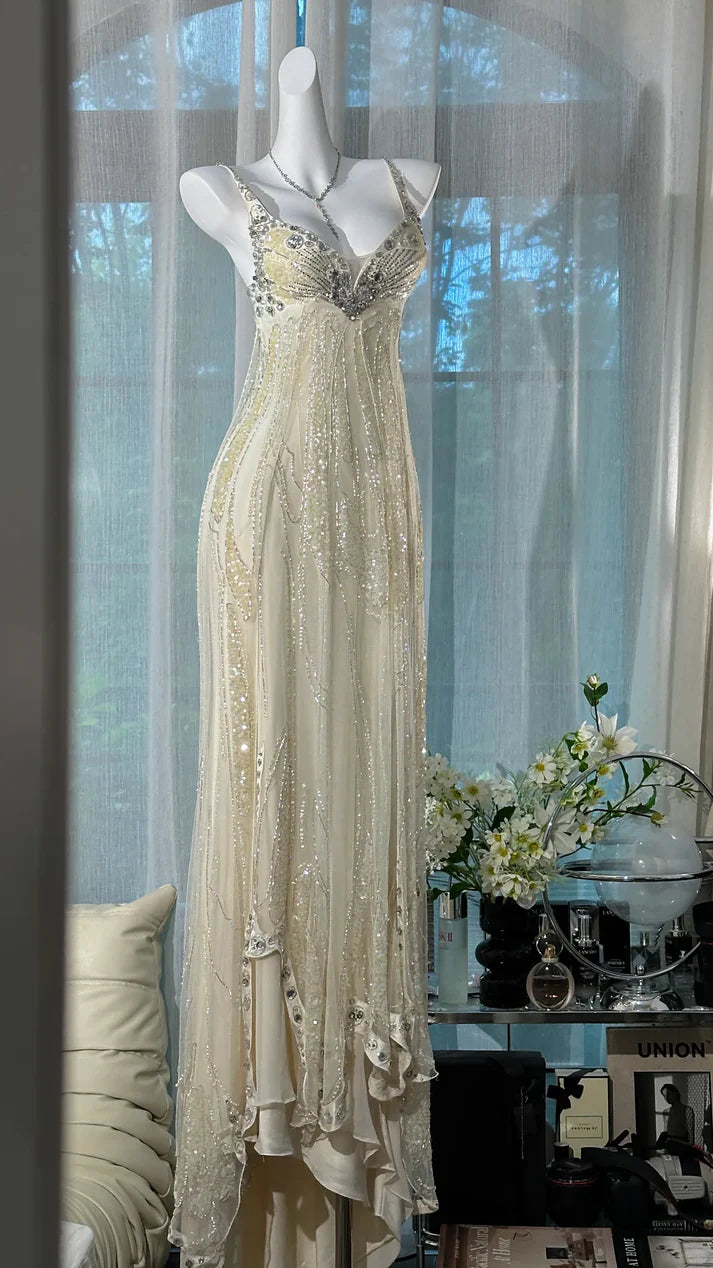 Ivory Exquisite A Line Beaded Rhinestone Chiffon Prom Dress Formal Dress Party Dress SH4024