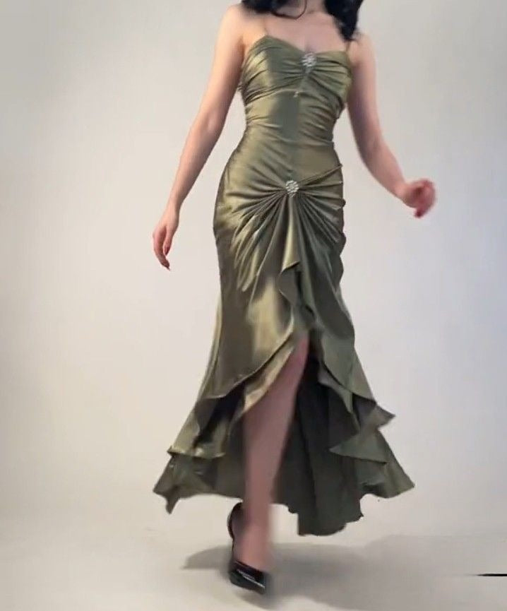 Retro Green Mermaid Spaghetti Strap Beaded Satin Prom Dress Evening Dress SH3451