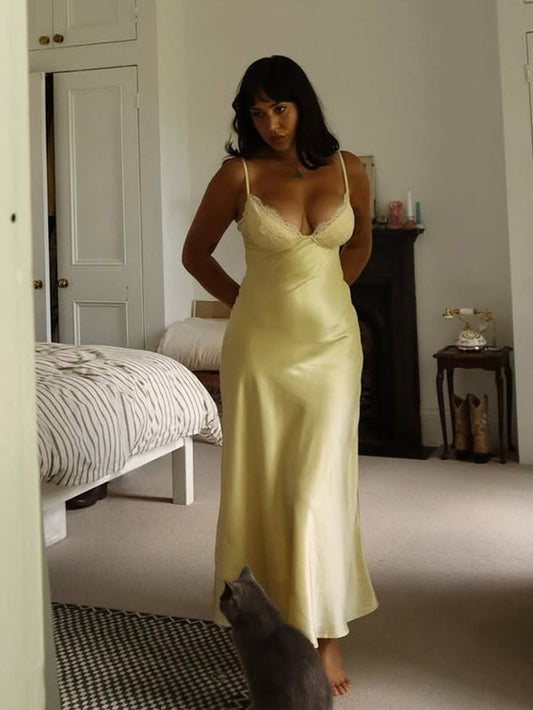 Classic A Line Spaghetti Straps Yellow Lace Satin Long Prom Dress Outfits SH6740