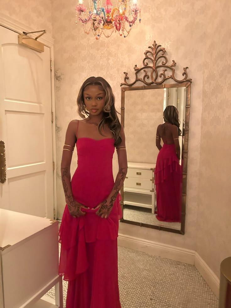 Fuchsia Sheath Spaghetti Strap Layered Chiffon Long Prom Dress Evening Dress SH8835