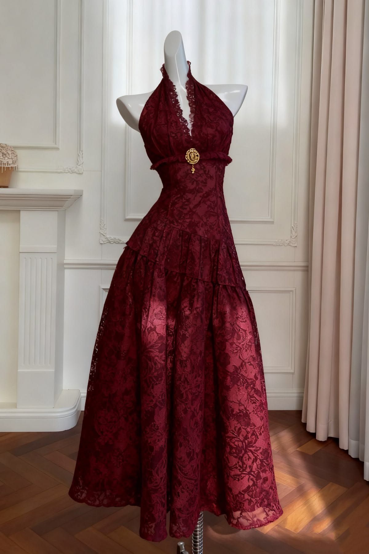 Vintage Burgundy A Line Halter Lace Prom Dress Evening Dress SH6922