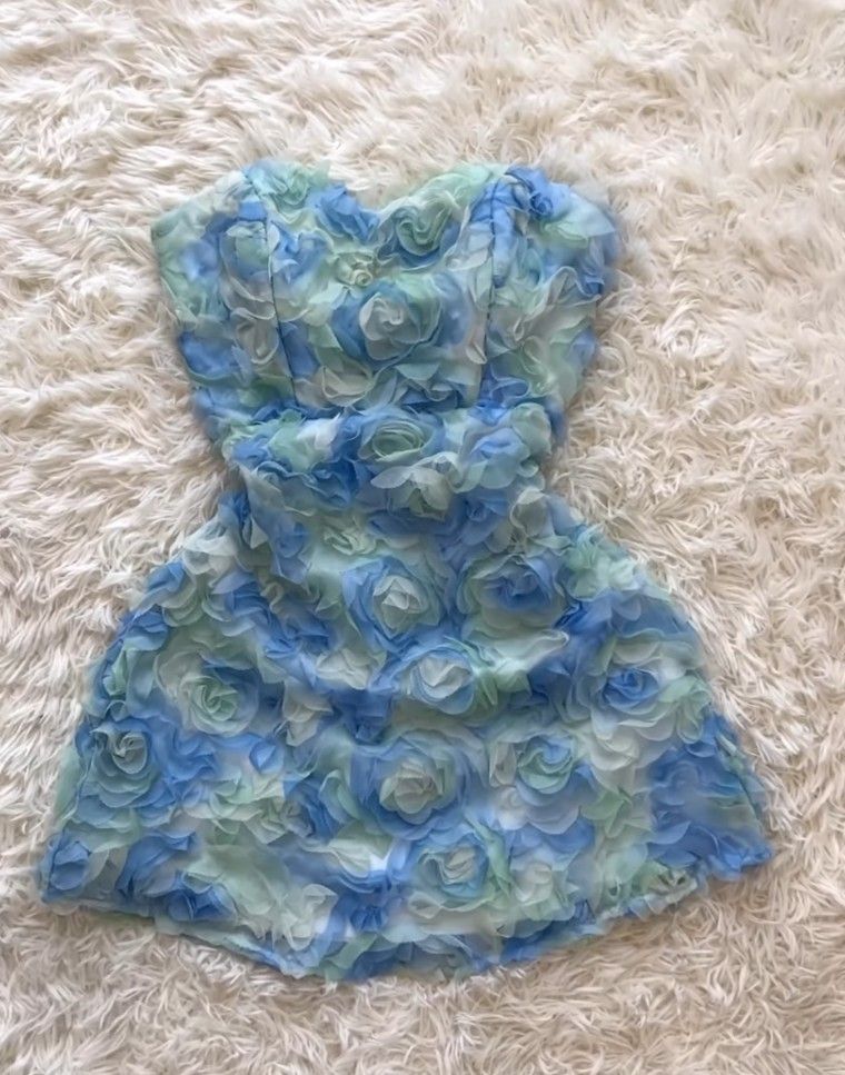 Pretty Blue A Line Strapless Floral Tulle Short Homecoming Dress Outfits SH5802