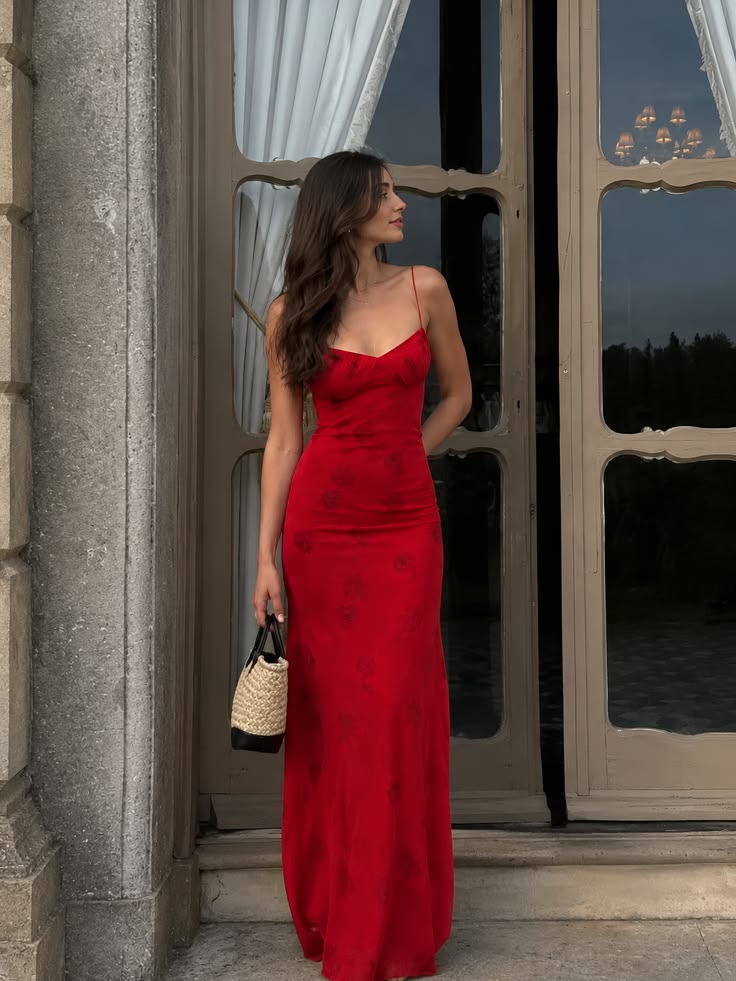 Red Print Sheath Spaghetti Strap Satin Long Prom Dress Evening Dress SH8836