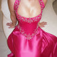 Hot Pink A Line Halter Shiny Beaded Satin Prom Dress Evening Dress SH6484