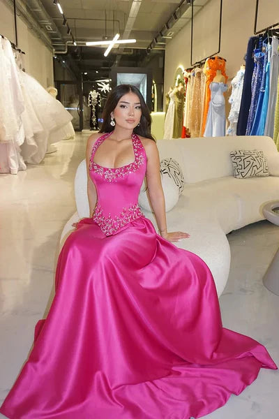 Hot Pink A Line Halter Shiny Beaded Satin Prom Dress Evening Dress SH6484