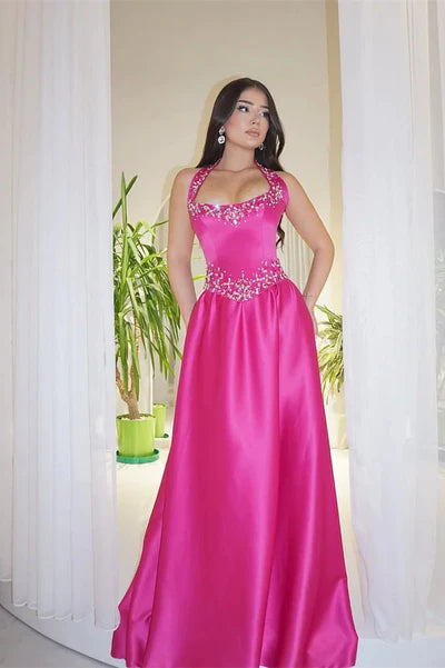 Hot Pink A Line Halter Shiny Beaded Satin Prom Dress Evening Dress SH6484