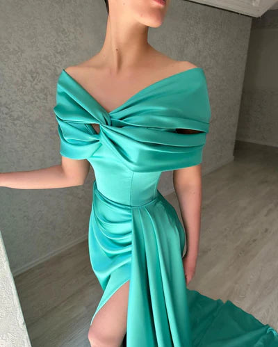 Lake Blue Mermaid Off the Shoulder Satin Long Prom Dress Evening Dress SH6489