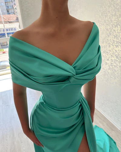 Lake Blue Mermaid Off the Shoulder Satin Long Prom Dress Evening Dress SH6489
