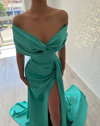 Lake Blue Mermaid Off the Shoulder Satin Long Prom Dress Evening Dress SH6489