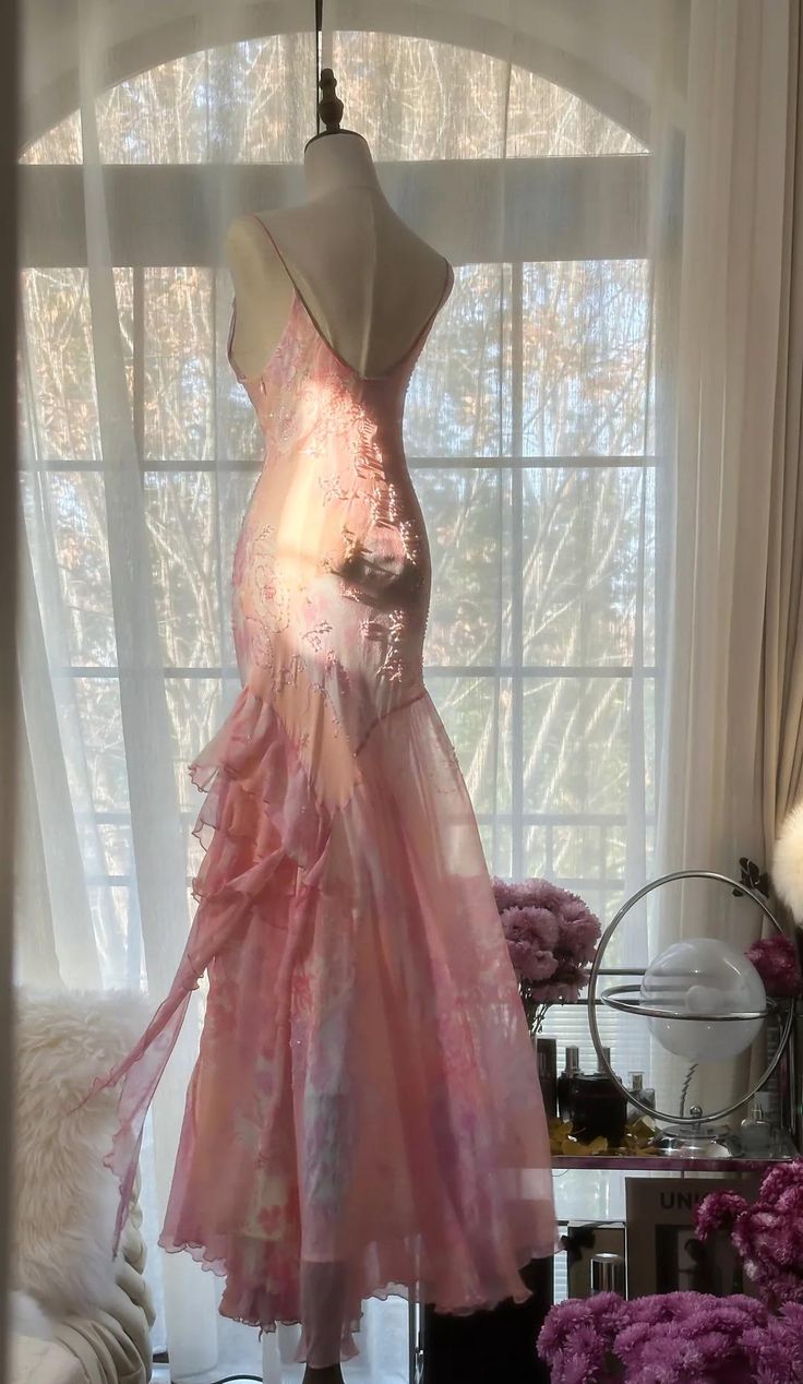 Fairytale Pink Mermaid Spaghetti Strap Beaded Ruffle Chiffon Prom Dress SH2664