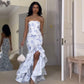 Cute Mermaid Strapless Blue Print Floral Ruffle Chiffon Prom Dress SH4573