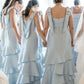 Baby Blue Mermaid Straps Tiered Satin Prom Dress Bridesmaid Dress SH2606