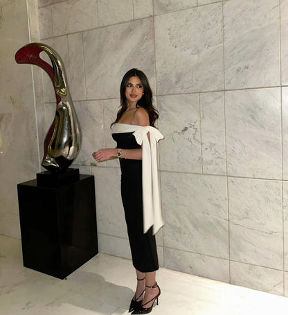 Classic Black-white Sheath Off the Shoulder Satin Long Prom Dress Evening Dress SH7569