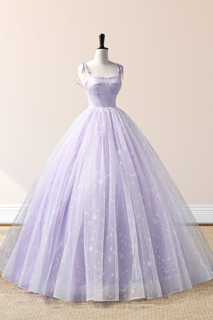 Purple A Line Straps Embroidered Tulle Floor Length Evening Dress Prom Dress SH1796