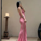 Pink Mermaid Spaghetti Strap Flowy Chiffon Long Prom Dress Evening Dress SH5751
