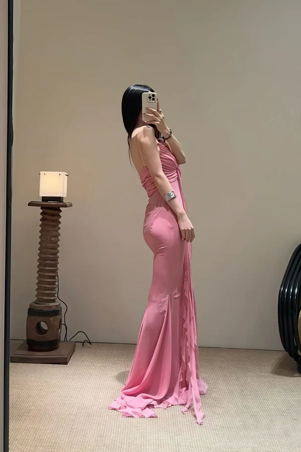 Pink Mermaid Spaghetti Strap Flowy Chiffon Long Prom Dress Evening Dress SH5751