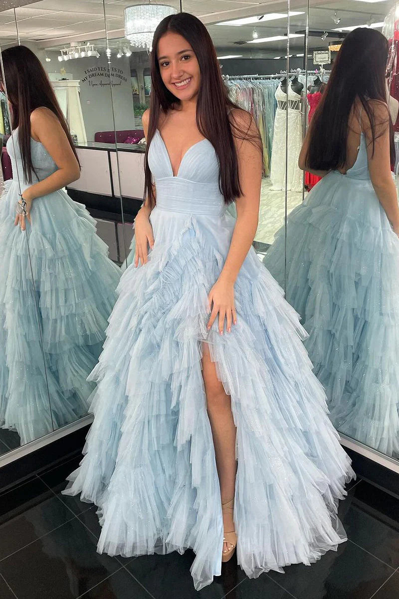 Blue A Line V Neck Layered Tulle Open Back Formal Dress Prom Dress with Slit SH1830