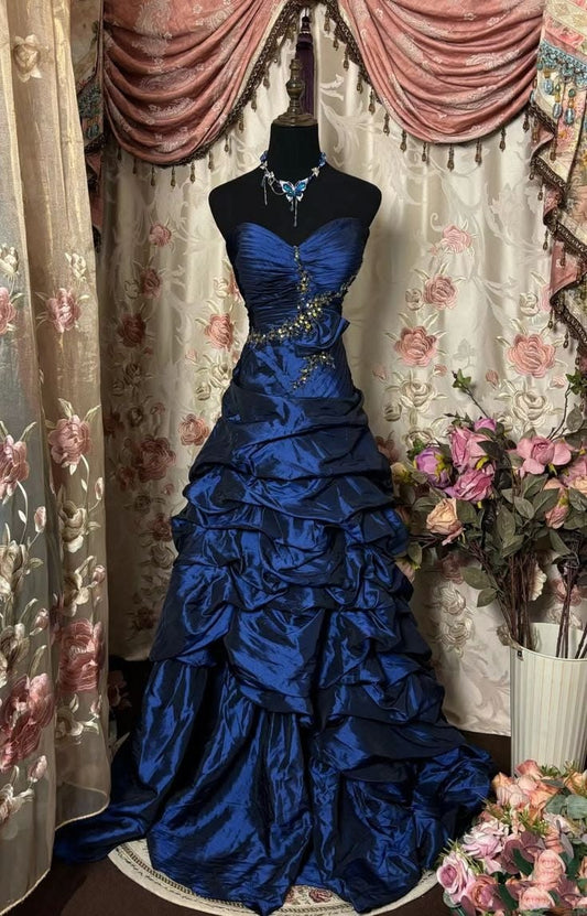 Vintage Navy Blue A Line Sweetheart Neck Beaded Pleated Satin Prom Dress Evening Dress SH5664