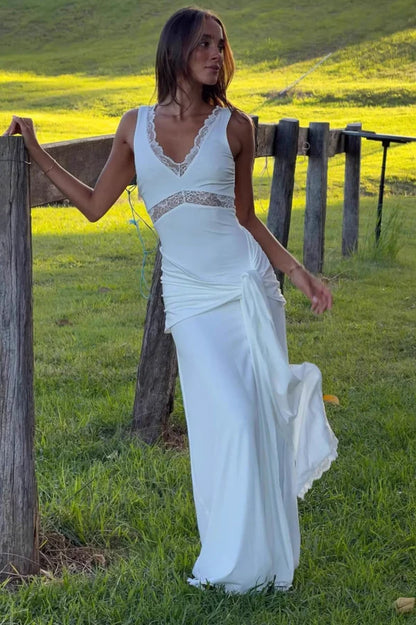 Elegant White Sheath V Neck Lace Satin Long Prom Dress Evening Dress SH5762