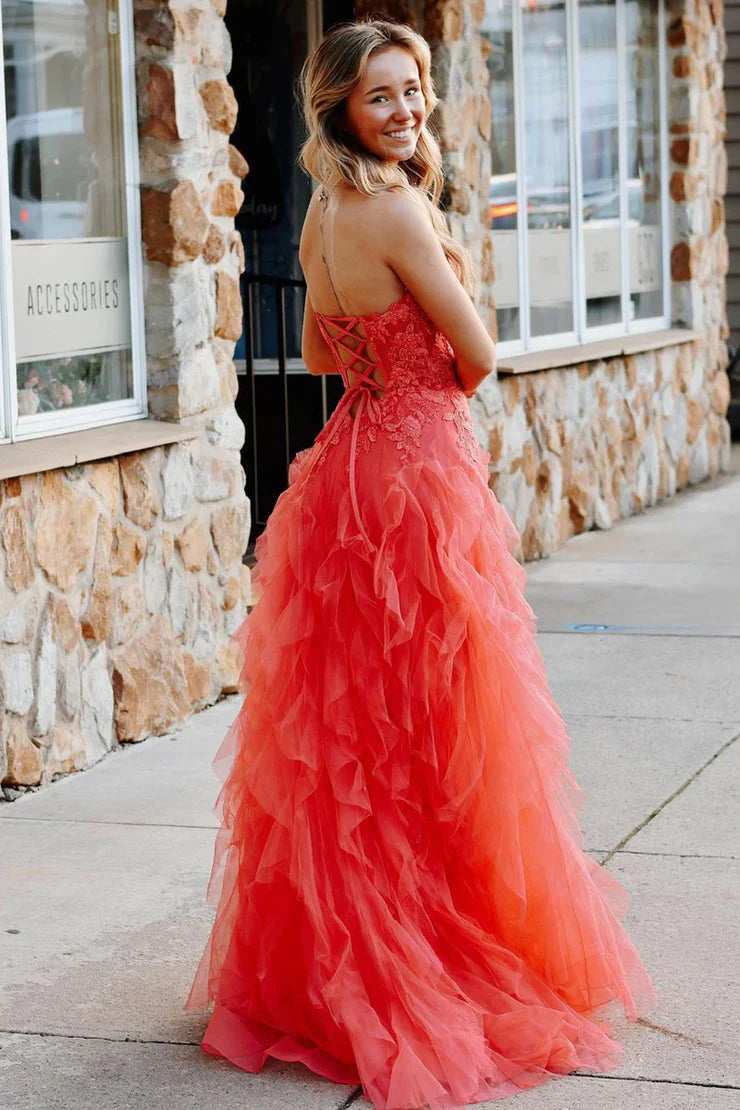 Coral A Line Sweetheart Neck Layered Tulle Long Wedding Guest Dress Evening Dress with Slit SH2918