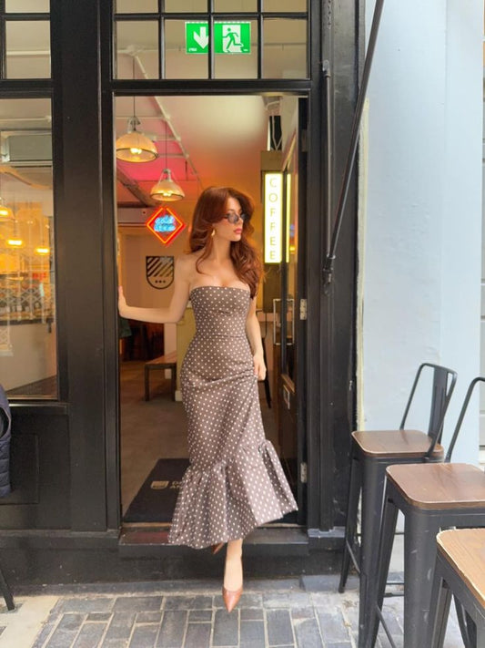 Vintage Mermaid Strapless Brown Polka Dot Satin Prom Dress Party Dress SH4683