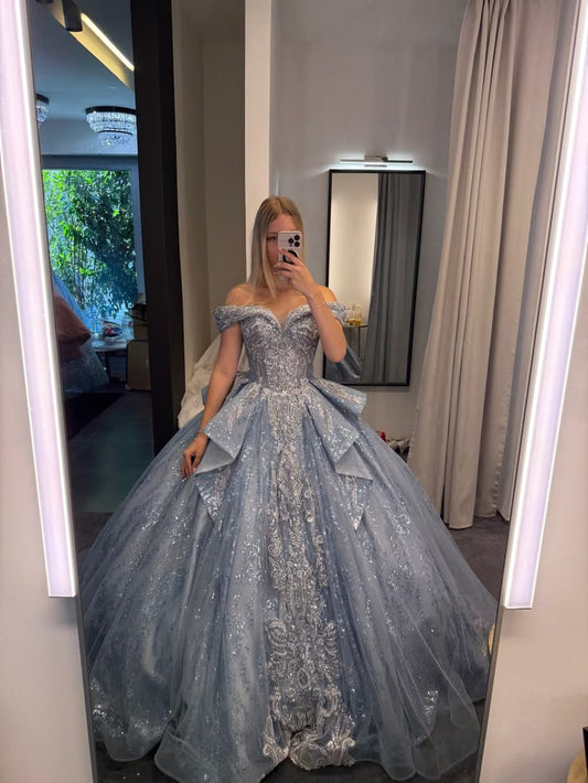 Stunning Ball Gown Off the Shoulder Beaded Sequin Grey Blue Tulle Long Prom Dress Evening Dress SH8340
