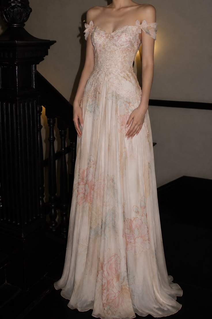 Gentle Light Pink A Line Off the Shoulder Print Chiffon Prom Dress Evening Dress SH6926