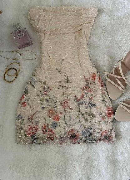 Stunning Sheath Strapless Floral Beaded Apricot Tulle Short Prom Dress Homecoming Dress SH8000