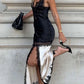 Sexy White-black Mermaid Spaghetti Strap Lace Satin Slit Prom Dress Evening Dress SH5753