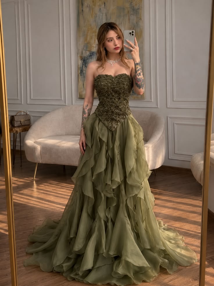 Olive Green A Line Sweetheart Neck Exquisite Lace Ruffle Chiffon Long Prom Dress Evening Dress SH6712