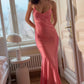 Gentle Coral Pink Mermaid Spaghetti Strap Satin Long Prom Dress Formal Gown SH4100