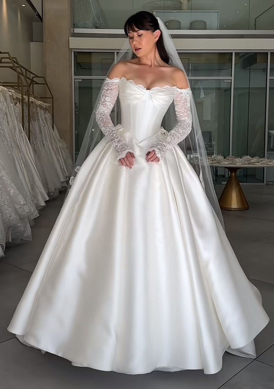 Chic White Ball Gown Exquisite Lace Sleeve Satin Long Wedding Dress SH7690