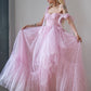 Star Sequin Pink A Line Straps Layered Tulle Date Dress Prom Dress Evening Dress SH3889