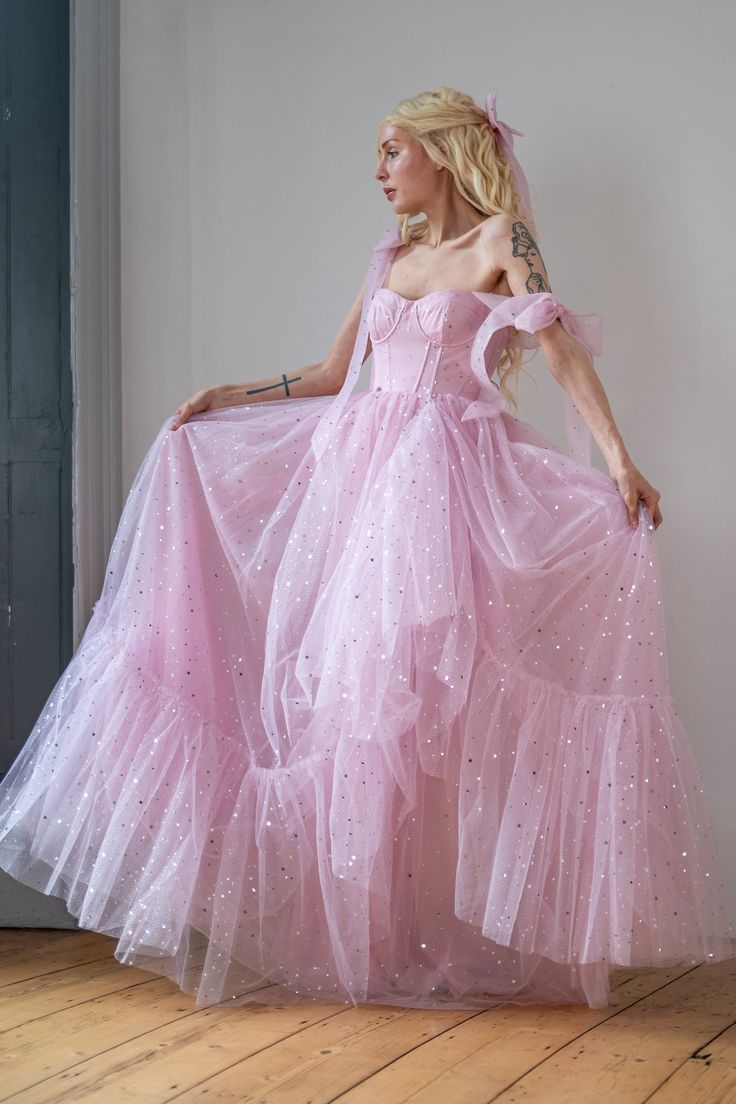 Star Sequin Pink A Line Straps Layered Tulle Date Dress Prom Dress Evening Dress SH3889
