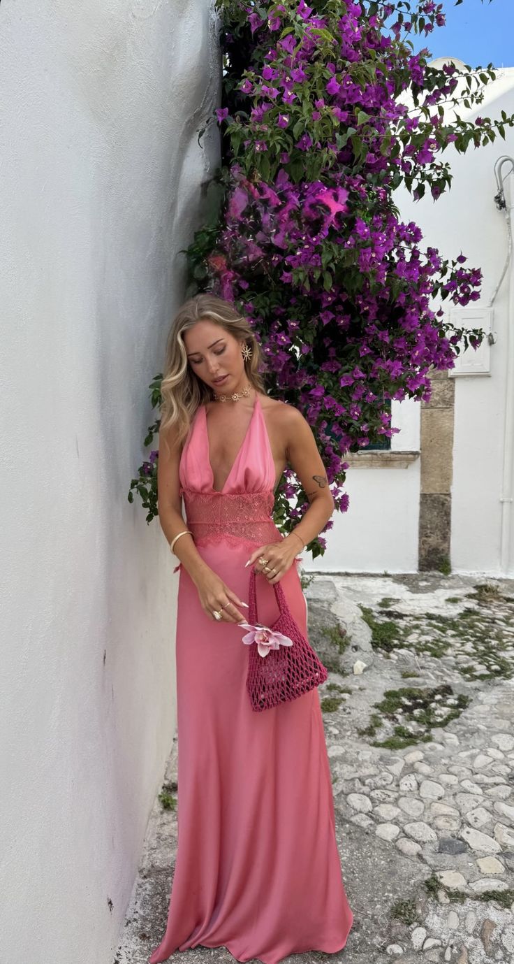 Pink A Line Halter Lace Satin Open Back Prom Dress Vacation Dress SH4491