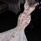 Dreamy Colorful Flower Round Neck Mermaid Lace Tulle Prom Dress Birthday Dress SH3636