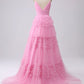 Pink A Line Spaghetti Strap Layered Tulle Long Prom Dresses SH1580