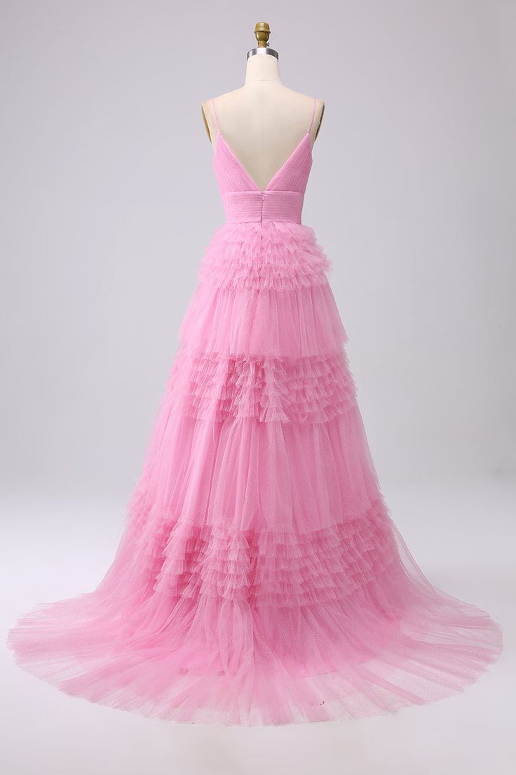 Pink A Line Spaghetti Strap Layered Tulle Long Prom Dresses SH1580