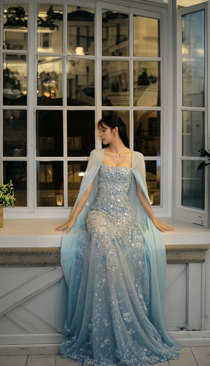 Romantic A Line Beaded Blue Chiffon Prom Dress Party Dress SH3294