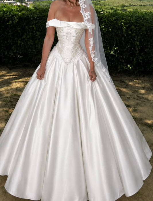 Charming Ball Gown Off the Shoulder Beaded White Satin Long Wedding Dress SH7031