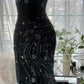 Charming Mermaid Spaghetti Strap Beaded Black Chiffon Prom Dress Evening Dress SH3364