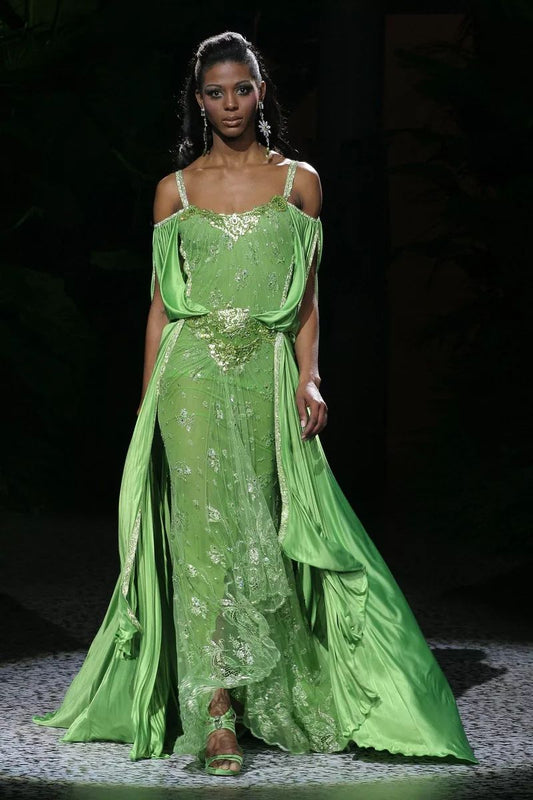 Green Dreamy A Line Spaghetti Strap Beaded Sequin Satin Tulle Prom Dress Ball Gown SH3871