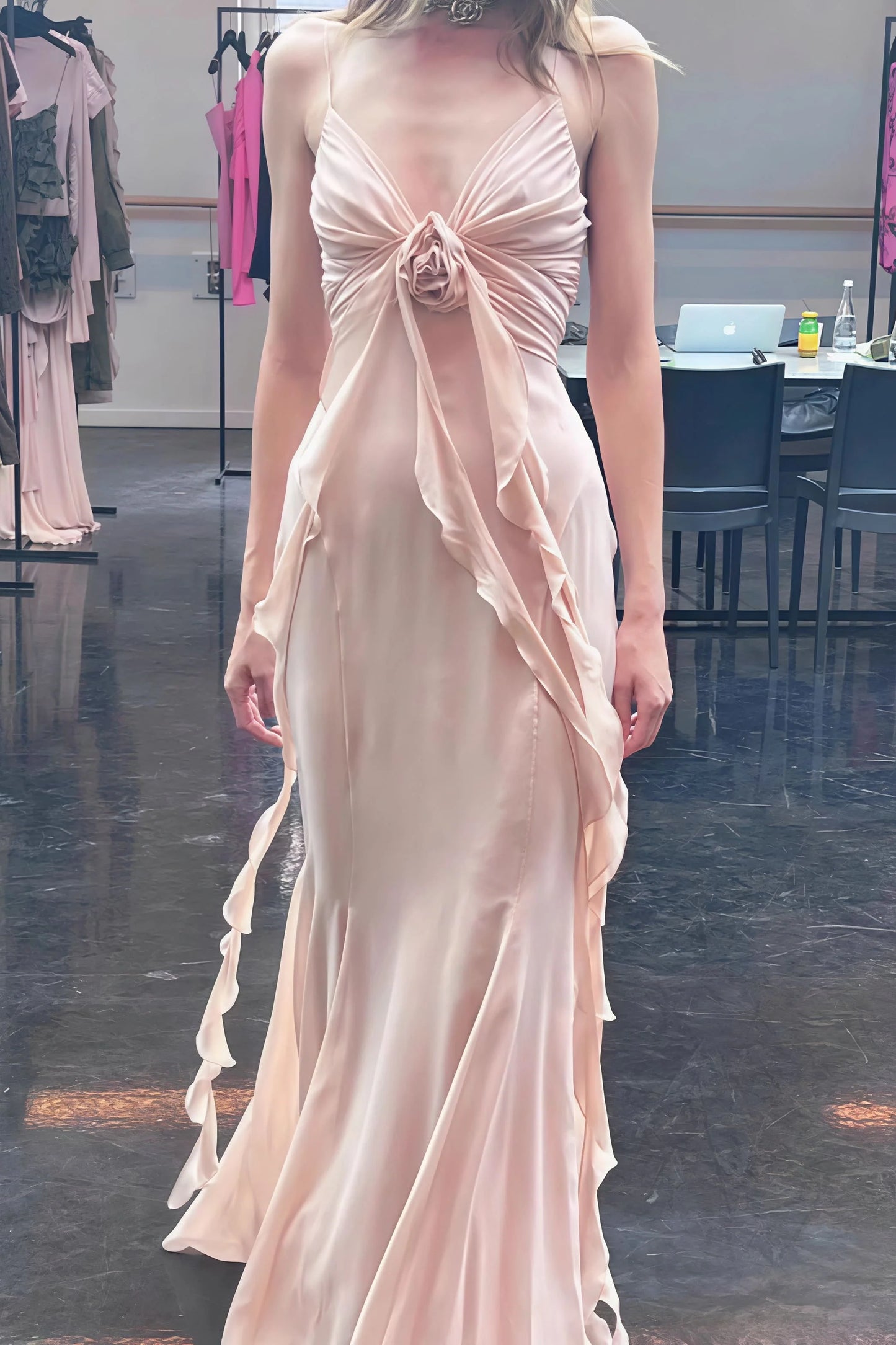 Pink Mermaid Spaghetti Strap Flowy Chiffon Long Prom Dress Evening Dress SH5751
