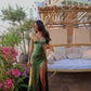 Green Simple A Line Spaghetti Straps Satin Open Back Prom Dress Evening Dress with Slit SH3784