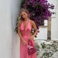 Pink A Line V Neck Lace Satin Long Prom Dress Evening Dress Beach Dress SH5846