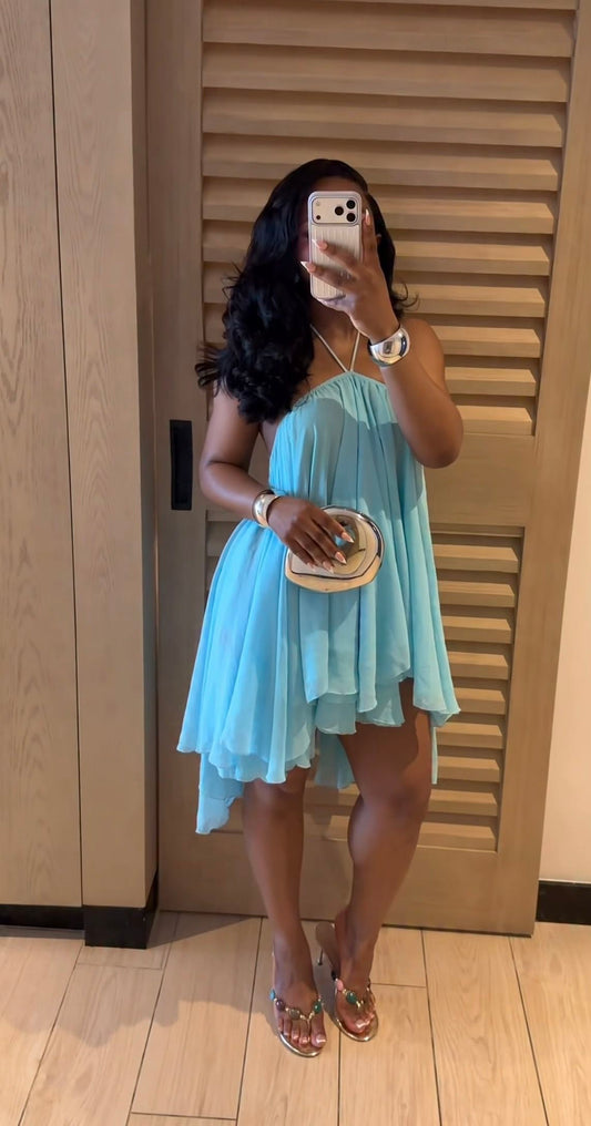 Blue A Line Halter Flowy Chiffon Short Homecoming Dress Outfits SH5742