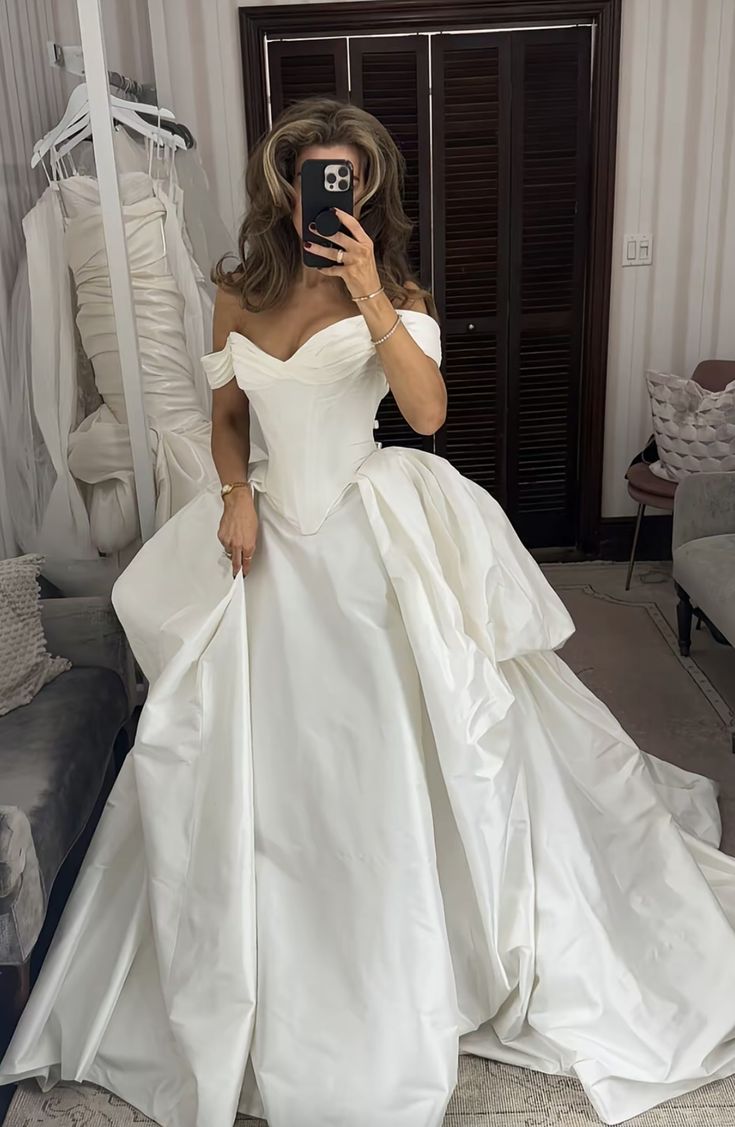 Vintage A Line Off the Shoulder Pleated White Satin Long Wedding Dress SH8344