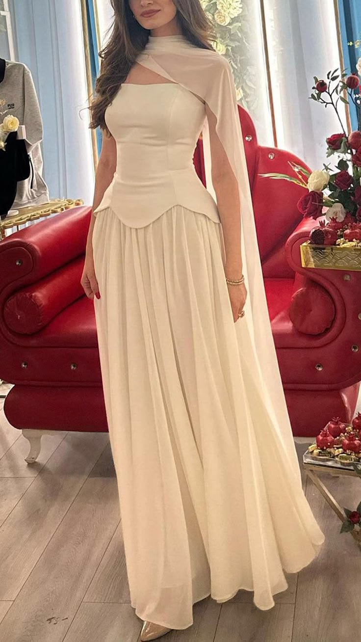 Elegant Ivory A Line Strapless Satin Chiffon Long Prom Dress Evening Dress SH7048